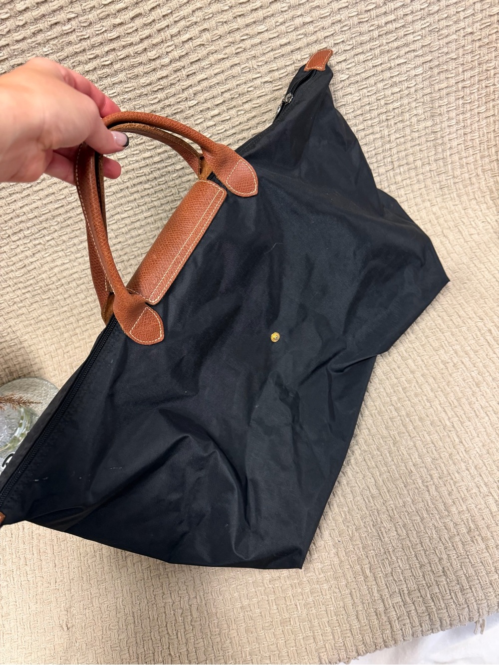 Longchamp Black Nylon Tote with Brown Leather Trim - Picture 3 of 5